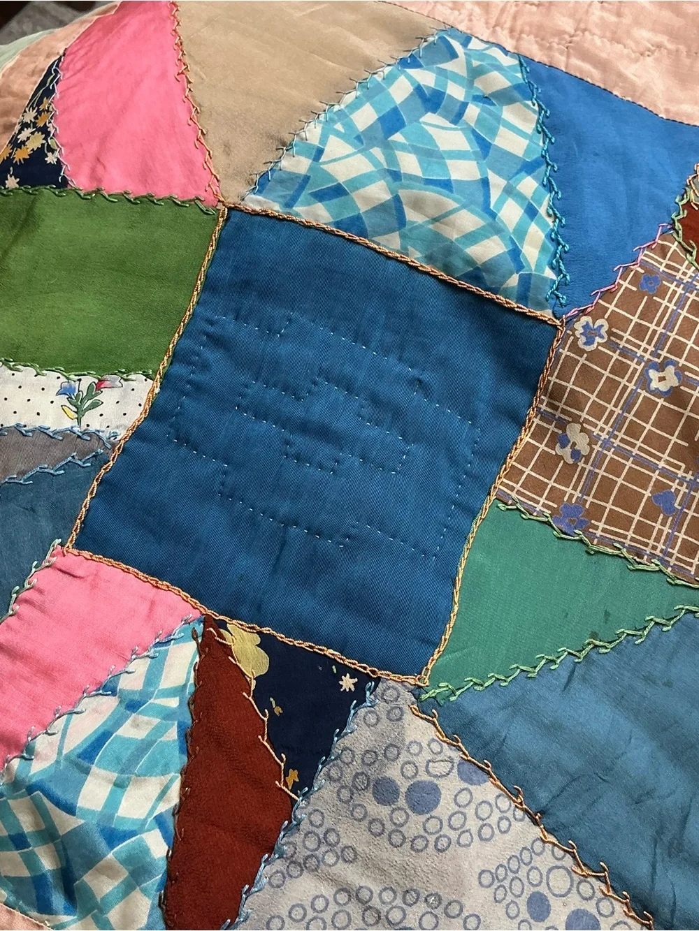 Vintage hand stitched 1930s patchwork crazy quilt 72 x 85 USA made